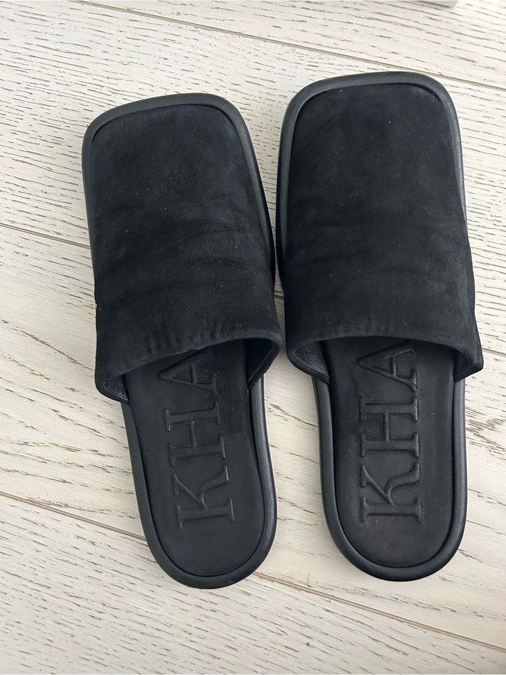 KHAITE Black Monaco Suede Square-Toe Slide Slippers Mules 38.5